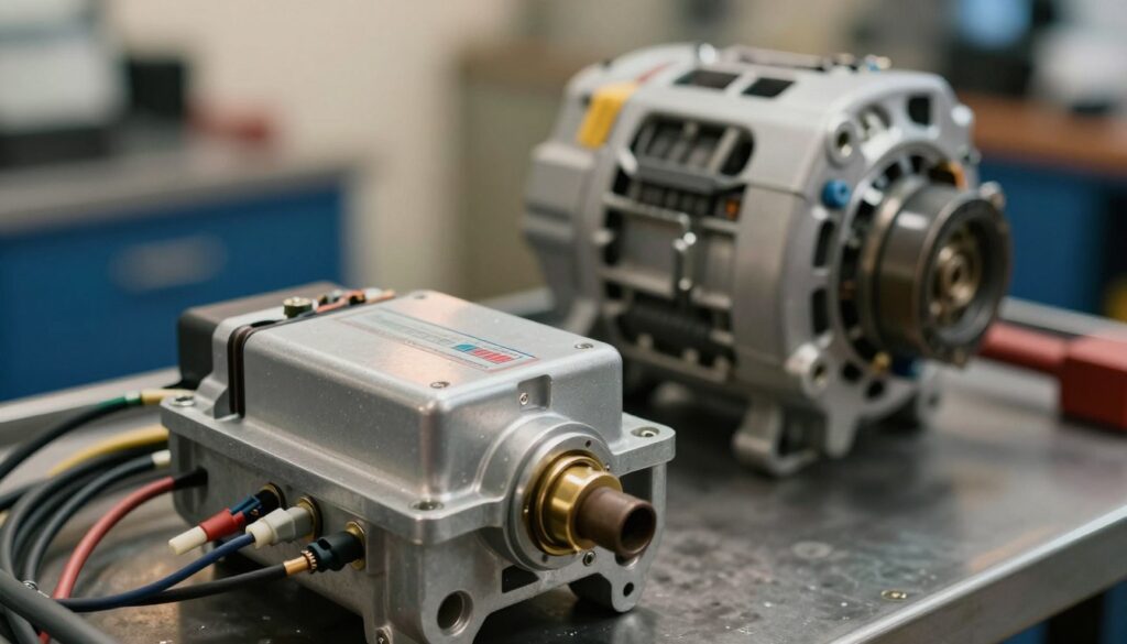 A detailed view of an automotive voltage regulator, intricately showcasing its metallic casing and electrical components, capturing the essence of its function in a car's alternator system. The foreground features the regulator prominently, with wires and connectors elegantly arranged around it. In the middle ground, a blurred alternator is visible, hinting at its interaction with the regulator, while a soft-focus background highlights a clean, organized workshop environment. Warm, diffused lighting casts gentle shadows, emphasizing the metallic texture and intricate details. The atmosphere is technical and professional, suitable for an automotive repair context, invoking a sense of precision and mechanical expertise. A detailed view of an automotive voltage regulator, intricately showcasing its metallic casing and electrical components, capturing the essence of its function in a car's alternator system. The foreground features the regulator prominently, with wires and connectors elegantly arranged around it. In the middle ground, a blurred alternator is visible, hinting at its interaction with the regulator, while a soft-focus background highlights a clean, organized workshop environment. Warm, diffused lighting casts gentle shadows, emphasizing the metallic texture and intricate details. The atmosphere is technical and professional, suitable for an automotive repair context, invoking a sense of precision and mechanical expertise.