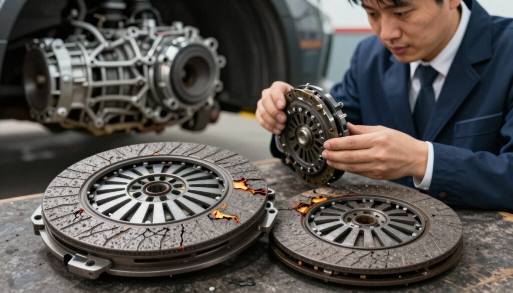 A detailed visual representation of the main causes of clutch failure, emphasizing worn-out components like the pressure plate and friction disc in an automotive setting. In the foreground, illustrate a disassembled clutch mechanism with clear damage signs, showcasing cracked and burned friction material. The middle layer should depict a mechanic examining these parts, wearing professional business attire, analyzing the detailed wear. In the background, create an abstract representation of a vehicle's transmission system in soft focus, hinting at deeper mechanical issues. Natural lighting highlights the texture of the metals and materials, while a slightly darkened atmosphere conveys the seriousness of clutch failure. The angle should be slightly above the scene, giving a comprehensive view of the clutch system's components. A detailed visual representation of the main causes of clutch failure, emphasizing worn-out components like the pressure plate and friction disc in an automotive setting. In the foreground, illustrate a disassembled clutch mechanism with clear damage signs, showcasing cracked and burned friction material. The middle layer should depict a mechanic examining these parts, wearing professional business attire, analyzing the detailed wear. In the background, create an abstract representation of a vehicle's transmission system in soft focus, hinting at deeper mechanical issues. Natural lighting highlights the texture of the metals and materials, while a slightly darkened atmosphere conveys the seriousness of clutch failure. The angle should be slightly above the scene, giving a comprehensive view of the clutch system's components.