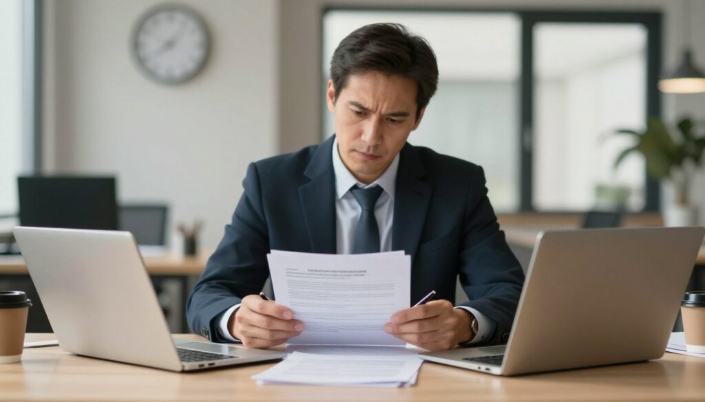 A determined individual sitting behind a desk, reviewing paperwork related to regaining their suspended driver's license. The foreground features a neatly organized desk with a laptop, a stack of official documents, and a coffee cup. In the middle, the person, a middle-aged Caucasian male dressed in professional business attire, is intently focused on the documents, holding a pen. The background showcases a blurred office setting with a wall clock indicating passing time and a window with daylight filtering through, creating a soft, warm ambiance. The overall atmosphere is one of diligence and resolution, with soft lighting highlighting the subject and documents, conveying a sense of hope and renewal after a challenging situation. A determined individual sitting behind a desk, reviewing paperwork related to regaining their suspended driver's license. The foreground features a neatly organized desk with a laptop, a stack of official documents, and a coffee cup. In the middle, the person, a middle-aged Caucasian male dressed in professional business attire, is intently focused on the documents, holding a pen. The background showcases a blurred office setting with a wall clock indicating passing time and a window with daylight filtering through, creating a soft, warm ambiance. The overall atmosphere is one of diligence and resolution, with soft lighting highlighting the subject and documents, conveying a sense of hope and renewal after a challenging situation.