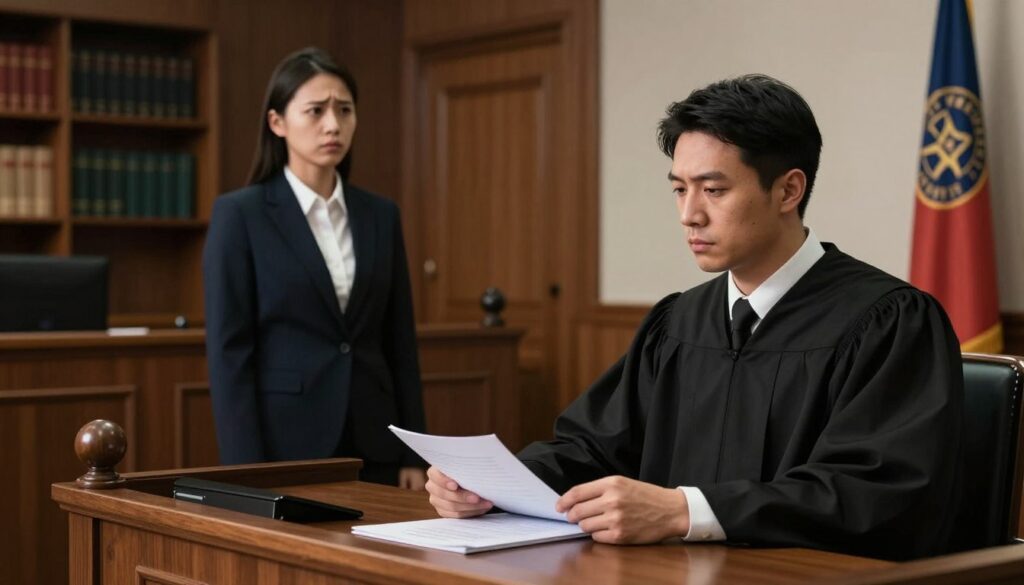 A dramatic courtroom scene illustrating the concept of "state of higher necessity" as a basis for the revocation of a driver's license. In the foreground, a serious-looking judge in a formal black robe sits behind a wooden bench, evaluating documents. In the middle ground, a concerned individual dressed in professional business attire stands with a pleading expression, facing the judge. The background features a traditional courtroom setting with wooden panels, legal bookshelves, and a large flag symbolizing authority. Soft, focused lighting illuminates the judge and the individual, highlighting the tension of the moment. The atmosphere is somber and contemplative, conveying the gravity of the legal situation without any text or distractions. A dramatic courtroom scene illustrating the concept of "state of higher necessity" as a basis for the revocation of a driver's license. In the foreground, a serious-looking judge in a formal black robe sits behind a wooden bench, evaluating documents. In the middle ground, a concerned individual dressed in professional business attire stands with a pleading expression, facing the judge. The background features a traditional courtroom setting with wooden panels, legal bookshelves, and a large flag symbolizing authority. Soft, focused lighting illuminates the judge and the individual, highlighting the tension of the moment. The atmosphere is somber and contemplative, conveying the gravity of the legal situation without any text or distractions.