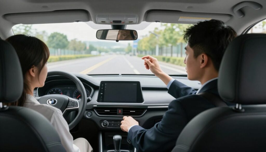 A driving instructor in a professional attire is seated inside a modern car, preparing for a driving test. The foreground features the instructor checking the rearview mirror and adjusting the seat, while the student sits attentively in the passenger seat, wearing a focused expression. In the middle ground, the dashboard is clearly visible with the engine start button and driving controls highlighted. The background shows an outdoor environment, perhaps a parking lot with clear road markings and a few trees. Soft natural lighting floods in through the car windows, creating a calm and focused atmosphere. The perspective is from the passenger seat, offering a clear view of both the instructor and the dashboard, emphasizing the importance of procedures before moving from a stationary position. A driving instructor in a professional attire is seated inside a modern car, preparing for a driving test. The foreground features the instructor checking the rearview mirror and adjusting the seat, while the student sits attentively in the passenger seat, wearing a focused expression. In the middle ground, the dashboard is clearly visible with the engine start button and driving controls highlighted. The background shows an outdoor environment, perhaps a parking lot with clear road markings and a few trees. Soft natural lighting floods in through the car windows, creating a calm and focused atmosphere. The perspective is from the passenger seat, offering a clear view of both the instructor and the dashboard, emphasizing the importance of procedures before moving from a stationary position.