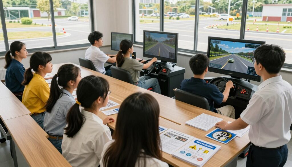 A driving school scene depicting the progression of a Category B driving course. In the foreground, a diverse group of students in modest casual attire, attentively listening to an instructor at a driving school classroom, surrounded by educational materials like road signs and driving guides. In the middle ground, a driving simulator setup showing students practicing maneuvering a vehicle, with realistic dashboards and screens displaying road scenarios. The background features large windows revealing a sunny outdoor driving range, complete with marked lanes and traffic cones. The atmosphere is focused and engaging, with warm, natural lighting emphasizing a supportive learning environment, captured from a slightly elevated angle to provide depth. A driving school scene depicting the progression of a Category B driving course. In the foreground, a diverse group of students in modest casual attire, attentively listening to an instructor at a driving school classroom, surrounded by educational materials like road signs and driving guides. In the middle ground, a driving simulator setup showing students practicing maneuvering a vehicle, with realistic dashboards and screens displaying road scenarios. The background features large windows revealing a sunny outdoor driving range, complete with marked lanes and traffic cones. The atmosphere is focused and engaging, with warm, natural lighting emphasizing a supportive learning environment, captured from a slightly elevated angle to provide depth.