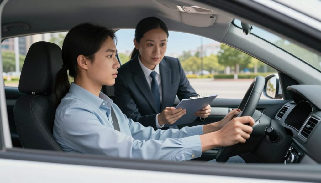 A driving test scene featuring a modern car equipped with an automatic transmission. In the foreground, a focused, young adult in professional attire sits comfortably in the driver's seat, with hands confidently on the steering wheel, displaying an expression of determination. The middle ground depicts an instructor beside them, calmly giving advice while holding a clipboard, emphasizing a supportive atmosphere. The background shows a sunny day in an urban setting with clear blue skies and gentle tree line, symbolizing a safe and inviting driving environment. Soft, natural lighting illuminates the interior of the car through the windows, enhancing the clarity of the scene. The overall mood is one of preparedness and optimism, highlighting the decision to take the driving test in an automatic vehicle.