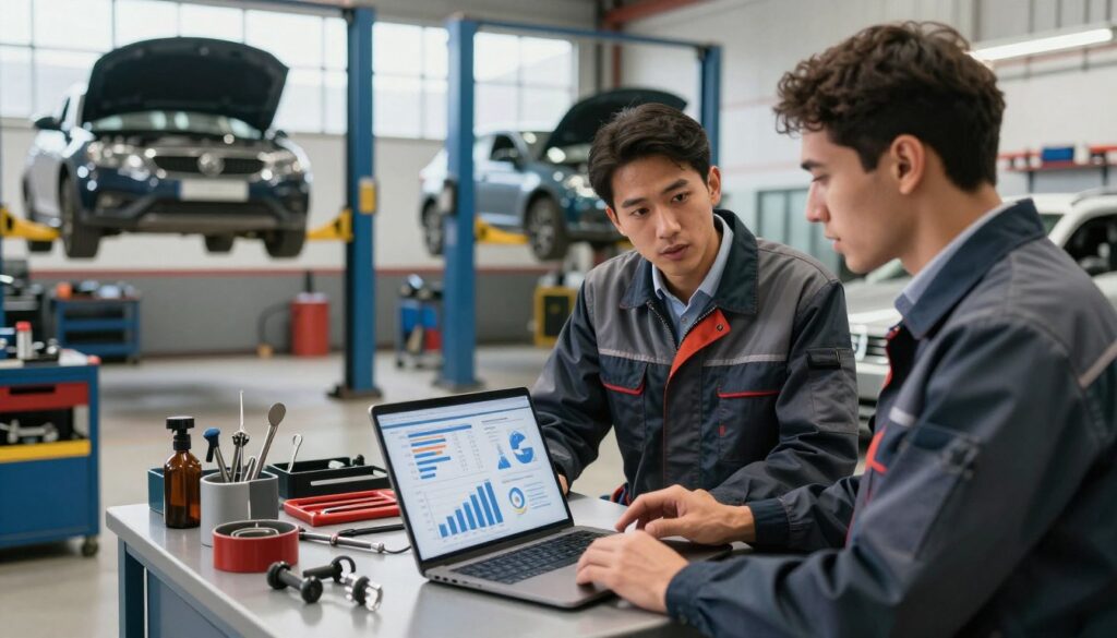 A dynamic automotive workshop scene showcasing strategies for increasing profitability in vehicle services. In the foreground, a diverse group of two mechanics in professional business attire are engaged in a discussion over a laptop, analyzing graphs and charts related to service pricing and customer satisfaction. In the middle ground, various automotive tools and equipment are neatly organized, emphasizing efficiency and organization. The background features a well-lit workshop with cars on lifts, highlighting ongoing repairs and maintenance. Soft, natural lighting coming from large windows creates a welcoming atmosphere. The composition captures a sense of innovation and professionalism, reflecting the importance of strategic planning in automotive services. A dynamic automotive workshop scene showcasing strategies for increasing profitability in vehicle services. In the foreground, a diverse group of two mechanics in professional business attire are engaged in a discussion over a laptop, analyzing graphs and charts related to service pricing and customer satisfaction. In the middle ground, various automotive tools and equipment are neatly organized, emphasizing efficiency and organization. The background features a well-lit workshop with cars on lifts, highlighting ongoing repairs and maintenance. Soft, natural lighting coming from large windows creates a welcoming atmosphere. The composition captures a sense of innovation and professionalism, reflecting the importance of strategic planning in automotive services.