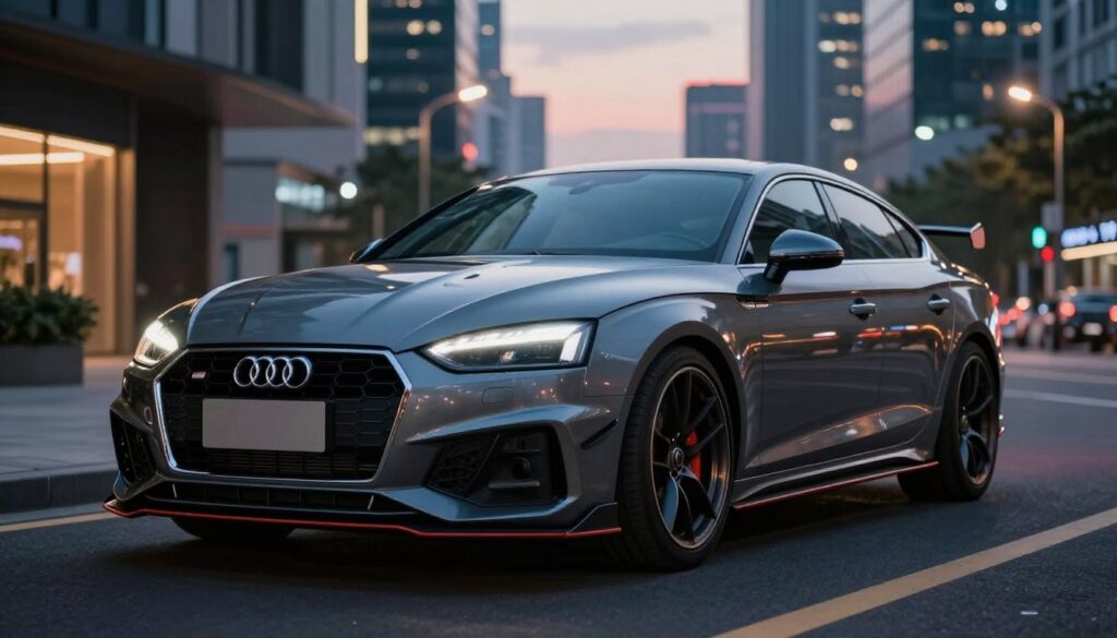 A dynamic scene featuring a modified Audi A5 equipped with a sleek body kit, showcasing aggressive styling. The foreground highlights the A5 with a bold front bumper, flared fenders, and an aerodynamic rear spoiler, all expertly designed for a sporty look. The middle ground presents the car parked on a modern urban street, illuminated by the soft glow of streetlights, enhancing the vehicle's curves and sharp lines. The background displays a blurred cityscape at dusk, with hints of skyscrapers and neon signs casting vibrant reflections. The atmosphere is dramatic yet refined, evoking a sense of power and sophistication. The image is captured from a low-angle perspective to emphasize the car's aggressive stance, using a cinematic lens to create depth and focus on the Audi's intricate details.