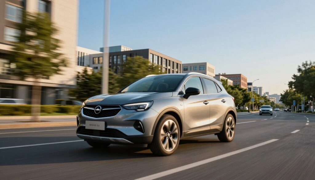 A dynamic scene featuring the first generation Opel Mokka in an urban setting, showcasing its sleek design and compact presence. The foreground highlights the car, positioned at a slight angle to display its stylish grille and confident lines. In the middle ground, a cityscape with modern buildings adds context, with trees lining the street to suggest a vibrant city life. The background includes a clear blue sky, bringing a sense of openness and freedom. The lighting is soft and warm, evoking late afternoon brilliance, while a wide-angle lens captures the entire scene, emphasizing the Mokka's urban adaptability. The overall mood is lively yet serene, illustrating the perfect balance between city driving and comfortable highway cruising. A dynamic scene featuring the first generation Opel Mokka in an urban setting, showcasing its sleek design and compact presence. The foreground highlights the car, positioned at a slight angle to display its stylish grille and confident lines. In the middle ground, a cityscape with modern buildings adds context, with trees lining the street to suggest a vibrant city life. The background includes a clear blue sky, bringing a sense of openness and freedom. The lighting is soft and warm, evoking late afternoon brilliance, while a wide-angle lens captures the entire scene, emphasizing the Mokka's urban adaptability. The overall mood is lively yet serene, illustrating the perfect balance between city driving and comfortable highway cruising.