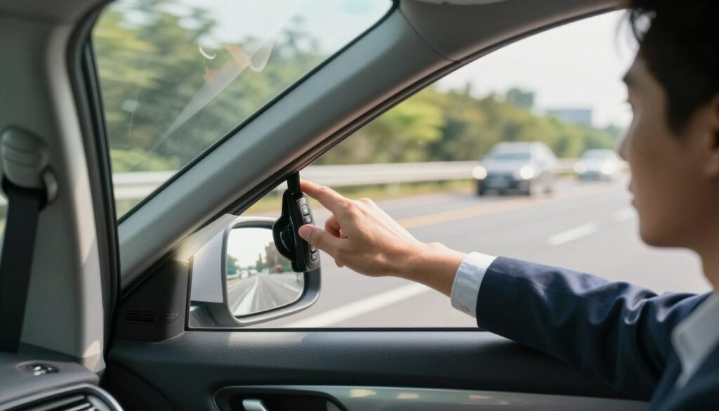 A dynamic scene inside a car showing a driver attempting to close a malfunctioning electric window while on the road. The foreground focuses on the driver's hand reaching towards the window control, emphasizing urgency. The middle ground features a partially lowered window, with sunlight streaming in, creating soft reflections on the glass. In the background, a blur of passing scenery highlights the motion of the vehicle, suggesting a busy highway. The lighting is natural, with bright daylight illuminating the interior, conveying a mood of determination amidst a minor car challenge. Ensure the driver is dressed in smart casual attire, emphasizing a professional yet relaxed look during the unexpected situation. A dynamic scene inside a car showing a driver attempting to close a malfunctioning electric window while on the road. The foreground focuses on the driver's hand reaching towards the window control, emphasizing urgency. The middle ground features a partially lowered window, with sunlight streaming in, creating soft reflections on the glass. In the background, a blur of passing scenery highlights the motion of the vehicle, suggesting a busy highway. The lighting is natural, with bright daylight illuminating the interior, conveying a mood of determination amidst a minor car challenge. Ensure the driver is dressed in smart casual attire, emphasizing a professional yet relaxed look during the unexpected situation.