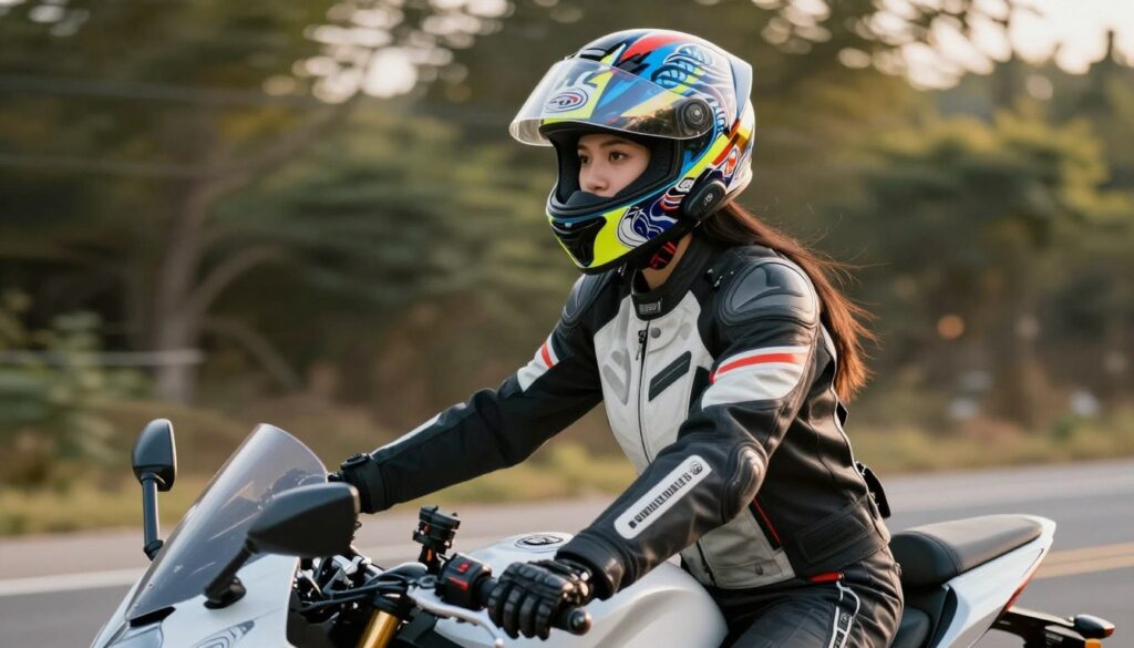 A female motorcycle passenger wearing a stylish and protective helmet, showcasing vibrant colors and intricate designs, securely fastened and properly fitted. She dons a comfortable yet safe outfit that includes a sturdy jacket with reinforced padding, gloves, and protective pants. The scene is set on an open road, with the motorcycle captured in the foreground, emphasizing the importance of head protection. The natural landscape surrounds them, with soft sunlight filtering through trees, casting warm light and creating a sense of adventure. The mood is confident and empowering, highlighting the balance of fashion and safety in motorcycle gear. The angle captures both the rider and the motorcycle dynamically, focusing on the protective gear.