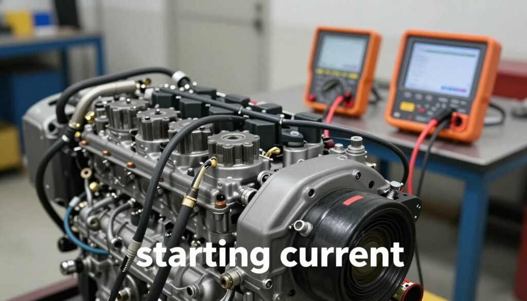 A focused and informative image of a diesel engine, emphasizing the concept of "starting current." The foreground features a close-up of a robust, well-maintained diesel engine with visible cables and connections, illustrating the starting system. In the middle ground, tools like a multimeter and diagnostic equipment are neatly arranged, highlighting the technical aspect of measuring current. The background shows a workshop setting with soft, diffused lighting, creating an atmosphere of seriousness and professionalism. The image should be captured from a slightly elevated angle to showcase all elements clearly. The mood is educational, aiming to convey the importance of choosing the right starting current for diesel engines, especially in winter conditions. No text, logos, or watermarks should be present.