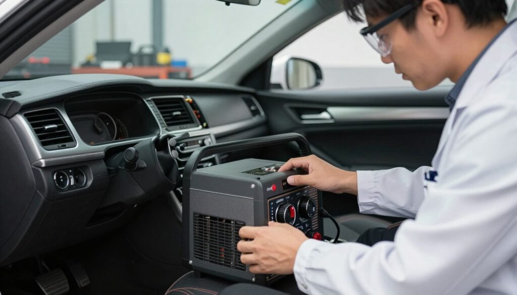 A focused scene depicting a professional setting where a person is carefully operating an ozone generator for air conditioning in a car. In the foreground, a person wearing a lab coat and safety goggles is adjusting the ozone generator. The equipment is modern, with visible dials and hoses, showcasing its technical sophistication. The middle layer features a car interior, emphasizing the air conditioning unit being treated, with clear indications of safety precautions such as a warning sign on the dashboard. The background contains a well-lit garage environment, with tools and equipment neatly arranged. Soft, diffused lighting enhances the clarity of the scene, conveying a serious and educational atmosphere, emphasizing safety and compliance. The image should evoke a sense of professionalism and caution.