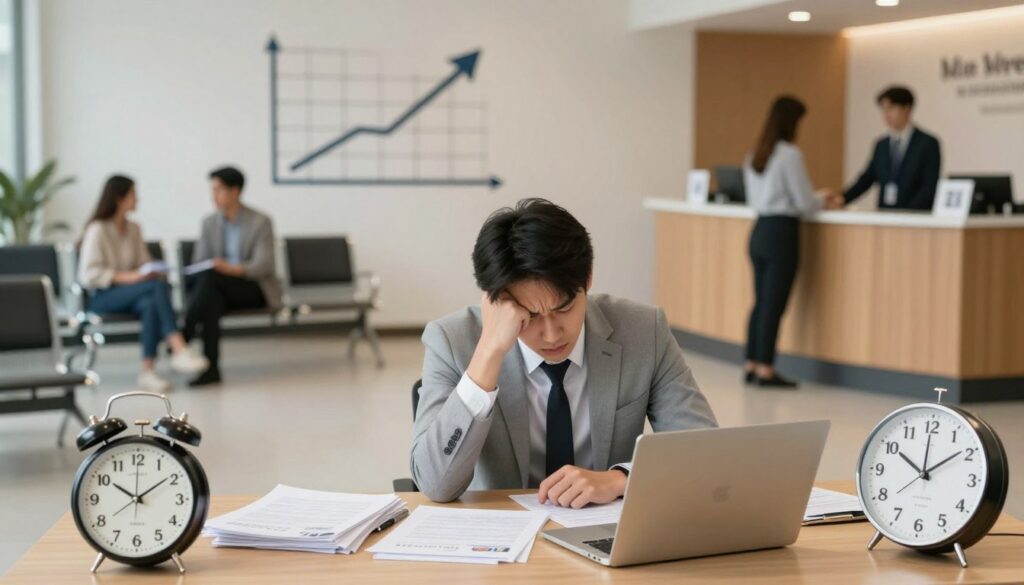 A frustrated young adult in professional attire, sitting at a desk cluttered with paperwork and a laptop, surrounded by clocks showing different times to signify waiting periods. In the middle ground, a wall displays a graph of increasing wait times with arrows pointing upward, symbolizing the causes of delays. The background features an ample waiting area with chairs and an information desk, where a receptionist is helping another person. Soft, diffused lighting enhances the atmosphere, conveying a sense of anticipation and concern. The angle is slightly overhead, giving a comprehensive view of the scene, while warm colors create a reassuring but tense mood about the process of obtaining a driver's license. A frustrated young adult in professional attire, sitting at a desk cluttered with paperwork and a laptop, surrounded by clocks showing different times to signify waiting periods. In the middle ground, a wall displays a graph of increasing wait times with arrows pointing upward, symbolizing the causes of delays. The background features an ample waiting area with chairs and an information desk, where a receptionist is helping another person. Soft, diffused lighting enhances the atmosphere, conveying a sense of anticipation and concern. The angle is slightly overhead, giving a comprehensive view of the scene, while warm colors create a reassuring but tense mood about the process of obtaining a driver's license.