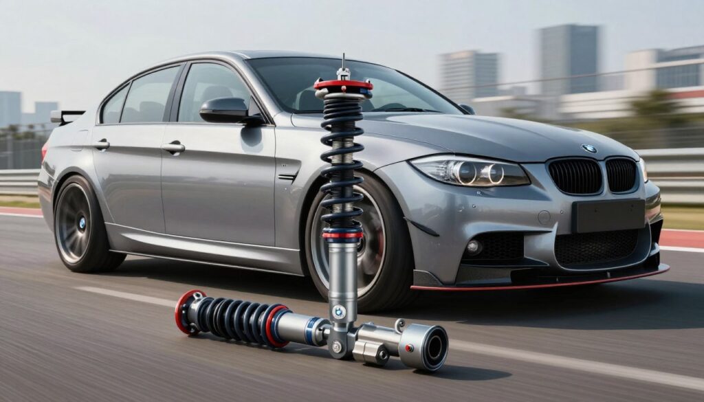 A high-performance BMW E90 car showcased with a focus on its coilover suspension system, prominently displayed in the foreground. The suspension details should be highlighted, featuring adjustable dampers and a sleek, sporty design. The middle section of the image should include the classic BMW E90 body lines, emphasizing its aerodynamic shape, complemented by a custom body kit that enhances its aggressive appearance. In the background, a blurred cityscape or a racetrack environment creates a sense of speed and performance. The lighting is bright and dynamic, with reflections accentuating the metallic paint of the vehicle. Capture the image from a low angle to convey a sense of power and stability, inviting the viewer to appreciate the elegant engineering and aesthetics of the modified suspension system.