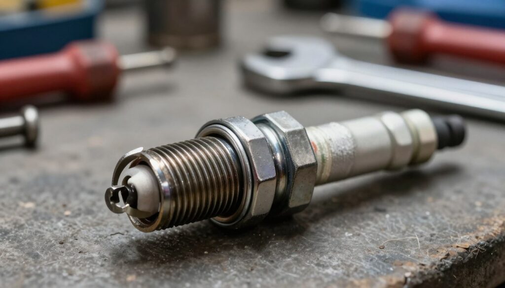 A highly detailed close-up image of a spark plug, showcasing its intricate design with a focus on the threaded portion and gasket. The foreground displays the spark plug with sharp focus, revealing the fine threads and the rubber gasket, accentuated by soft, even lighting to highlight the metallic finish. In the middle ground, a wrench is positioned nearby, showing slight wear, suggesting usage in mechanical work. The background features a blurry garage setting, with tools and parts that imply a workshop environment. The overall mood is technical and precise, emphasizing the importance of the spark plug’s threading and sealing mechanism. The composition should convey a sense of professionalism and craftsmanship in automotive maintenance. A highly detailed close-up image of a spark plug, showcasing its intricate design with a focus on the threaded portion and gasket. The foreground displays the spark plug with sharp focus, revealing the fine threads and the rubber gasket, accentuated by soft, even lighting to highlight the metallic finish. In the middle ground, a wrench is positioned nearby, showing slight wear, suggesting usage in mechanical work. The background features a blurry garage setting, with tools and parts that imply a workshop environment. The overall mood is technical and precise, emphasizing the importance of the spark plug’s threading and sealing mechanism. The composition should convey a sense of professionalism and craftsmanship in automotive maintenance.
