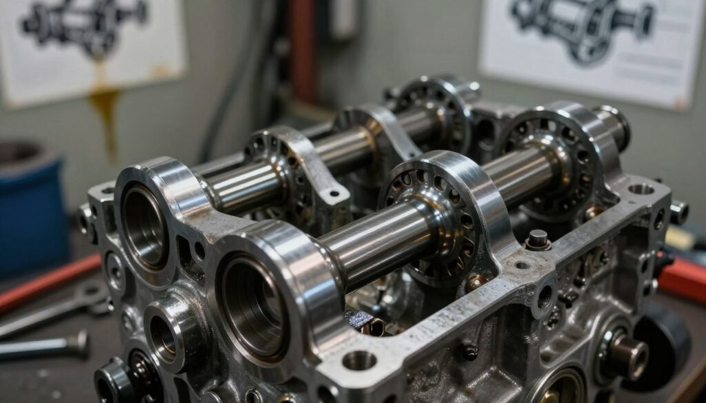 A highly detailed close-up of a crankshaft (wału korbowego) in a disassembled engine, highlighting its intricate metal components, grooves, and journal bearings. In the foreground, focus on the shiny, reflective surfaces of the crankshaft, showcasing wear and tear indicative of a potential engine failure. In the middle ground, include blurred engine parts and tools, suggesting a mechanic's workspace. The background features a dimly lit garage or workshop with hints of engine diagrams and oil stains, conveying a mood of urgency and technical examination. Use soft, dramatic lighting to accentuate the textures and details, with a shallow depth of field to draw attention to the crankshaft as the central element.