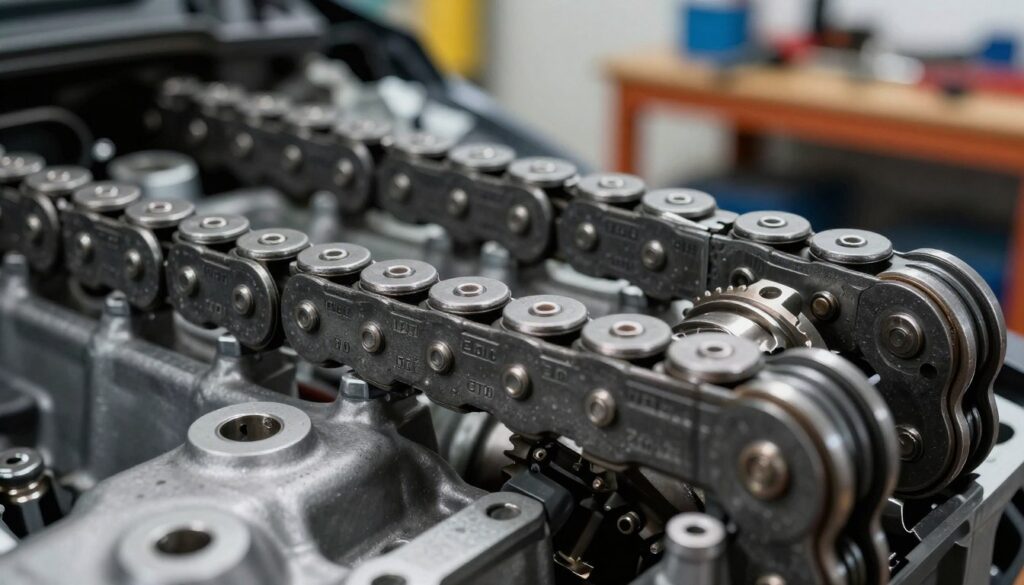 A highly detailed close-up of a timing chain ("łańcuch rozrządu") for an Opel Vivaro 2.0 CDTI, showcasing the intricate metal links and gears glistening under studio lighting. The foreground features the chain positioned prominently, with a focus on its texture and mechanics. In the middle ground, include surrounding engine components partially visible, hinting at the context of an automotive environment. The background is subtly blurred, depicting a workshop setting with tools and workbenches, creating an industrial atmosphere. The image conveys a mood of professionalism and precision, emphasizing the importance of regular maintenance. Use a macro lens effect to enhance the details, ensuring the lighting is bright but soft to avoid harsh shadows. A highly detailed close-up of a timing chain ("łańcuch rozrządu") for an Opel Vivaro 2.0 CDTI, showcasing the intricate metal links and gears glistening under studio lighting. The foreground features the chain positioned prominently, with a focus on its texture and mechanics. In the middle ground, include surrounding engine components partially visible, hinting at the context of an automotive environment. The background is subtly blurred, depicting a workshop setting with tools and workbenches, creating an industrial atmosphere. The image conveys a mood of professionalism and precision, emphasizing the importance of regular maintenance. Use a macro lens effect to enhance the details, ensuring the lighting is bright but soft to avoid harsh shadows.