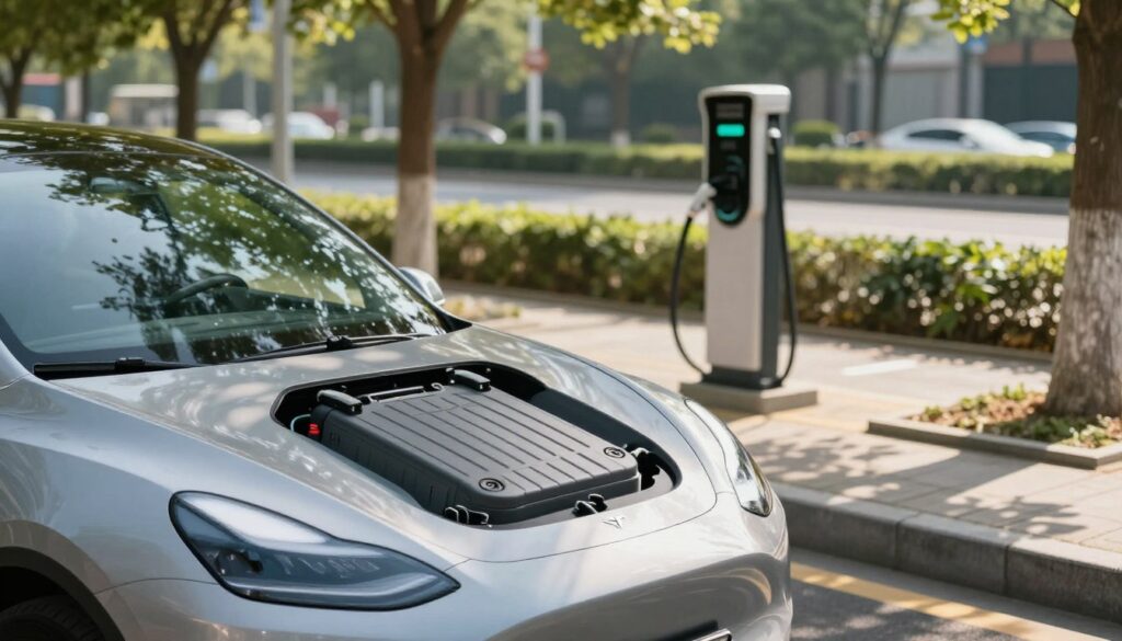 A hybrid or electric vehicle parked in an urban environment, showcasing its robust traction battery in the foreground, emphasizing its importance in maintaining optimal vehicle performance. The car is positioned diagonally to highlight its sleek design and modern lines. Soft natural light filters through overhead trees, creating dappled patterns on the vehicle's surface. In the middle ground, a charging station is visible, symbolizing the connection to energy sources, surrounded by a well-maintained sidewalk and greenery. The background features a blurred cityscape, adding a sense of place without detracting from the vehicle's prominence. The atmosphere is serene and inviting, suggesting a moment of pause and contemplation about vehicle maintenance and efficiency.