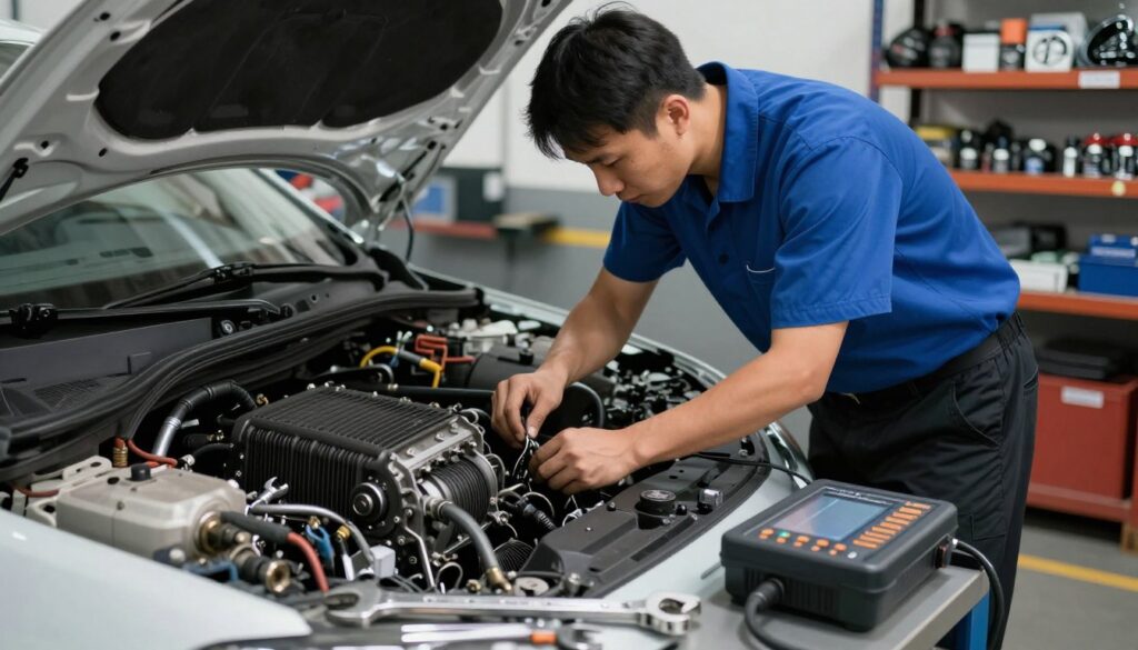 A mechanic working diligently in an automotive workshop, focused on replacing an air conditioning clutch in a modern car engine. The foreground features a detailed view of intricate tools, including a wrench and diagnostic equipment, positioned on a cluttered workbench. In the middle ground, the mechanic, dressed in a smart blue shirt and black trousers, leans over the engine, with a light source illuminating the work area, creating soft shadows that enhance the technical atmosphere. The background showcases shelves filled with spare parts, adding depth and context to the environment. The mood is professional and industrious, highlighting the complexity of car repairs and the decision-making process involved in whether to fix or replace the equipment.