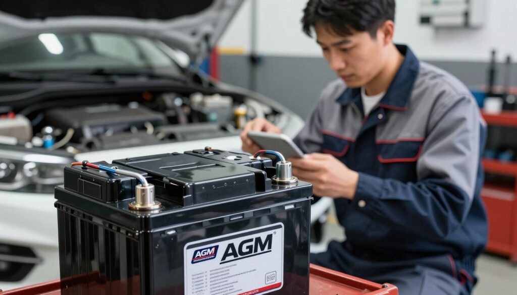 A modern AGM car battery displayed prominently in the foreground, highlighting its sleek design and robust features. The battery should be shown with a glossy black finish, reflecting intricate details such as terminals and labels that denote its high performance. In the middle ground, a mechanic in a professional business attire inspects the battery, focused on its specifications, emphasizing the practical application of AGM technology. The background features a well-lit, organized garage environment with tools and car parts, creating a workshop atmosphere. Soft, even lighting enhances the technical details, while a slightly blurred depth of field draws attention to the battery and mechanic. The overall mood conveys professionalism and expertise in automotive technology.
