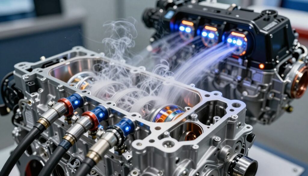 A modern combustion chamber showcasing "direct fuel injection" technology in action. In the foreground, a detailed cutaway view of the engine, highlighting the intricate components such as fuel injectors delivering fuel directly into the combustion chamber with precision. The middle layer features a dynamic flow of vaporized fuel interacting with air, creating an energetic atmosphere. The background displays the engine's casing with glowing LED lights illustrating the advanced technology at work. Bright, focused lighting emphasizes the metallic textures and mechanical details, while a slight depth of field creates an immersive effect. The scene conveys innovation and efficiency, capturing the essence of direct fuel injection in a high-performance engine environment. The overall mood is one of excitement and technological advancement. A modern combustion chamber showcasing "direct fuel injection" technology in action. In the foreground, a detailed cutaway view of the engine, highlighting the intricate components such as fuel injectors delivering fuel directly into the combustion chamber with precision. The middle layer features a dynamic flow of vaporized fuel interacting with air, creating an energetic atmosphere. The background displays the engine's casing with glowing LED lights illustrating the advanced technology at work. Bright, focused lighting emphasizes the metallic textures and mechanical details, while a slight depth of field creates an immersive effect. The scene conveys innovation and efficiency, capturing the essence of direct fuel injection in a high-performance engine environment. The overall mood is one of excitement and technological advancement.