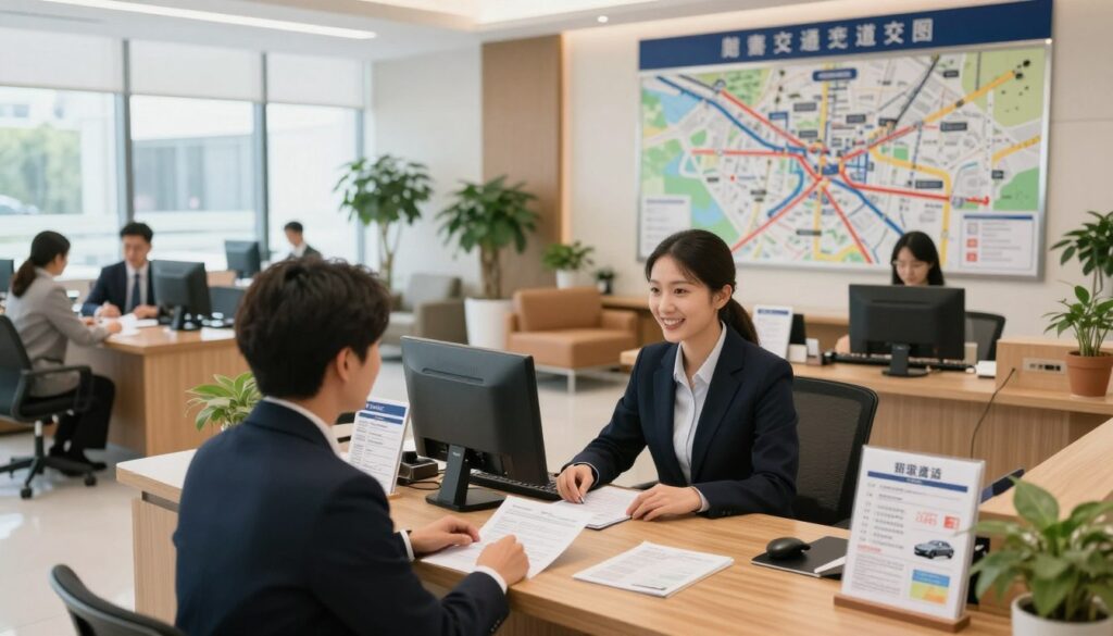 A modern government office interior focused on the department of transportation, featuring an expansive reception area with sleek wooden desks and professional staff wearing business attire. In the foreground, a friendly female clerk assists a customer with paperwork at a well-organized counter, surrounded by informative brochures about driving licenses and vehicle registration. The middle ground showcases a waiting area with comfortable seating and bright indoor plants, while the background displays a large wall-mounted map of traffic regulations and local roads. Soft, natural lighting streams through large windows, creating an inviting atmosphere. Capture this scene from a slightly elevated angle to convey a sense of professionalism and efficiency in the administrative process. A modern government office interior focused on the department of transportation, featuring an expansive reception area with sleek wooden desks and professional staff wearing business attire. In the foreground, a friendly female clerk assists a customer with paperwork at a well-organized counter, surrounded by informative brochures about driving licenses and vehicle registration. The middle ground showcases a waiting area with comfortable seating and bright indoor plants, while the background displays a large wall-mounted map of traffic regulations and local roads. Soft, natural lighting streams through large windows, creating an inviting atmosphere. Capture this scene from a slightly elevated angle to convey a sense of professionalism and efficiency in the administrative process.