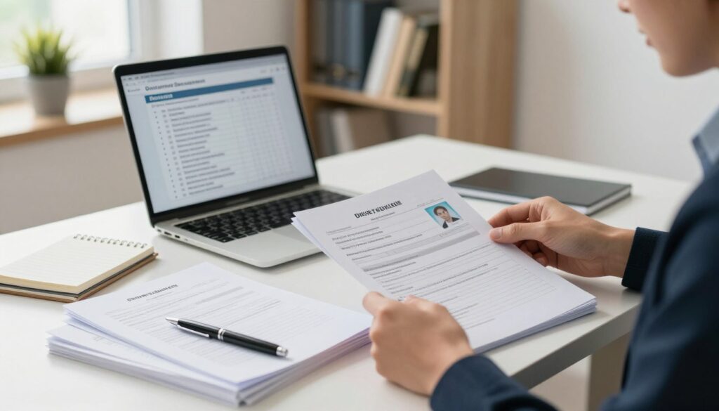 A neatly organized desk scene in a well-lit office setting, featuring essential documents for applying for a driver's license. In the foreground, a stack of official papers, including an application form, identification photocopies, and proof of residence, is carefully arranged alongside a pen and a small notepad. In the middle ground, an open laptop is displaying a checklist with bullet points on required documents. The background shows a blurred shelf filled with books on legal topics and a potted plant, creating a study atmosphere. Soft, natural light filters through a window, casting gentle shadows, while a professional-looking individual dressed in business attire examines the documents with a focused expression. The overall mood is one of preparation and seriousness, emphasizing the importance of having the right paperwork ready before an official appointment. A neatly organized desk scene in a well-lit office setting, featuring essential documents for applying for a driver's license. In the foreground, a stack of official papers, including an application form, identification photocopies, and proof of residence, is carefully arranged alongside a pen and a small notepad. In the middle ground, an open laptop is displaying a checklist with bullet points on required documents. The background shows a blurred shelf filled with books on legal topics and a potted plant, creating a study atmosphere. Soft, natural light filters through a window, casting gentle shadows, while a professional-looking individual dressed in business attire examines the documents with a focused expression. The overall mood is one of preparation and seriousness, emphasizing the importance of having the right paperwork ready before an official appointment.