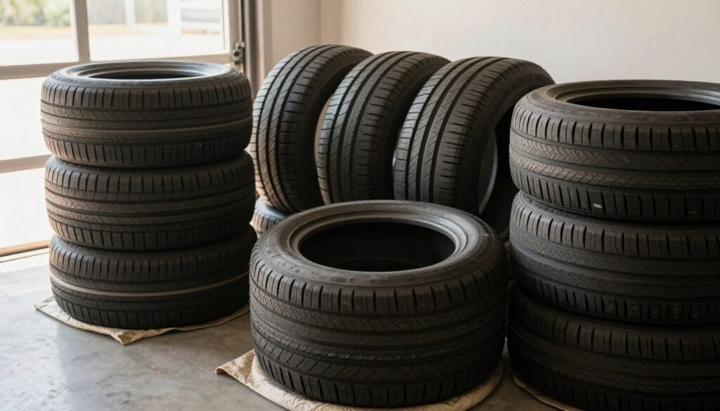 A neatly organized storage area featuring several stacks of car tires without rims, showcasing a variety of tread patterns and rubber textures. In the foreground, focus on a close-up of tires resting on protective, soft surfaces to prevent damage. The middle ground displays additional tires arranged in an orderly fashion, emphasizing the concept of safe storage. The background reveals a well-lit garage environment with warm, natural light filtering through a window, creating a welcoming atmosphere. Soft shadows enhance the depth of the scene. The composition is balanced and professional, reflecting principles of effective tire storage. There are no people or distractions, ensuring the focus remains completely on the tires. A neatly organized storage area featuring several stacks of car tires without rims, showcasing a variety of tread patterns and rubber textures. In the foreground, focus on a close-up of tires resting on protective, soft surfaces to prevent damage. The middle ground displays additional tires arranged in an orderly fashion, emphasizing the concept of safe storage. The background reveals a well-lit garage environment with warm, natural light filtering through a window, creating a welcoming atmosphere. Soft shadows enhance the depth of the scene. The composition is balanced and professional, reflecting principles of effective tire storage. There are no people or distractions, ensuring the focus remains completely on the tires.