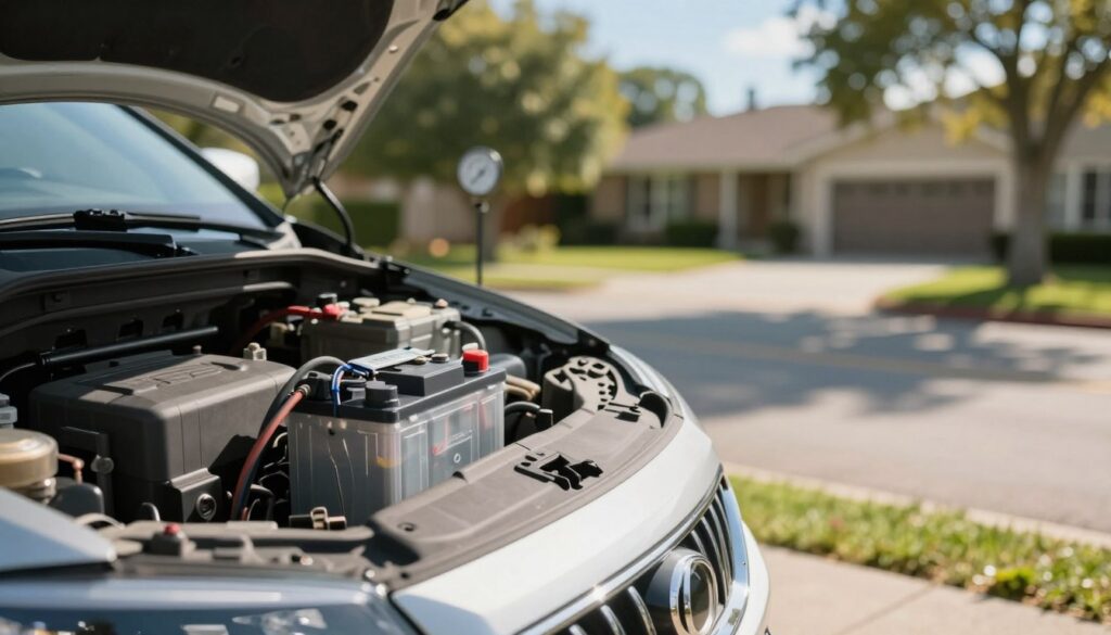 A parked car in a serene, suburban setting, showcasing a close-up of its battery compartment with visible cables, emphasizing the theme of battery health during long-term idle periods. In the foreground, the shiny vehicle stands stationary on a paved driveway, with a soft grass patch at the edges. In the middle ground, a subtle hint of tire pressure gauges and dappled sunlight filtering through surrounding trees creates a calming atmosphere. The background fades into a blurred view of a cozy home and a clear blue sky. The image is lit with warm, natural sunlight, enhancing the sense of peace while also highlighting potential threats to the battery and tires. Capture this scene from a slightly elevated angle for a comprehensive view.