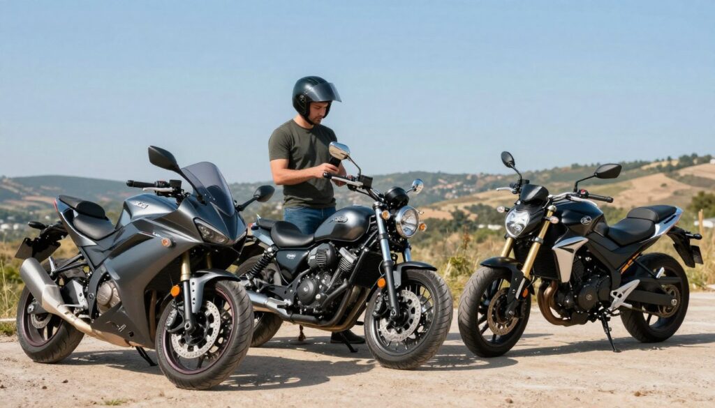 A picturesque scene showcasing a selection of recommended motorcycles suited for shorter riders. In the foreground, a group of three sleek motorcycle models—sport bike, cruiser, and adventure bike—are displayed prominently, with attention to seat height and design details. The middle ground features a professional rider, dressed in modest casual attire, standing next to the motorcycles, examining their features. The background includes a scenic landscape with a clear blue sky and gentle rolling hills, enhancing the outdoor vibe. The lighting is bright and natural, emphasizing the motorcycles' shiny finishes and the rider’s focused demeanor. The atmosphere is informative and inviting, catering to potential riders looking for comfort and accessibility. A picturesque scene showcasing a selection of recommended motorcycles suited for shorter riders. In the foreground, a group of three sleek motorcycle models—sport bike, cruiser, and adventure bike—are displayed prominently, with attention to seat height and design details. The middle ground features a professional rider, dressed in modest casual attire, standing next to the motorcycles, examining their features. The background includes a scenic landscape with a clear blue sky and gentle rolling hills, enhancing the outdoor vibe. The lighting is bright and natural, emphasizing the motorcycles' shiny finishes and the rider’s focused demeanor. The atmosphere is informative and inviting, catering to potential riders looking for comfort and accessibility.