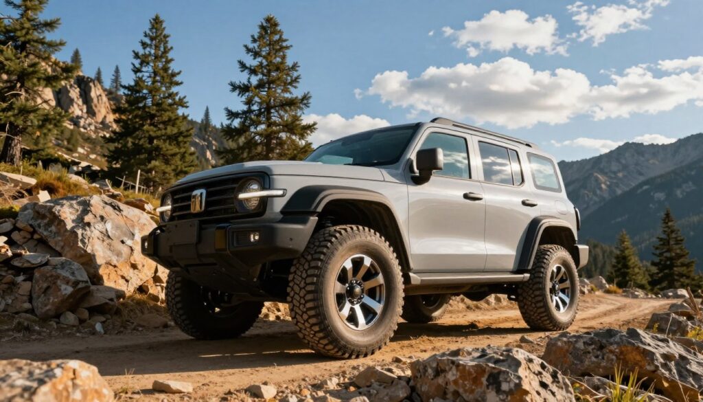 A powerful, off-road vehicle with a high suspension is parked on a rugged mountain trail, showcasing its impressive ground clearance. In the foreground, the vehicle's shiny alloy wheels and robust tires stand out against the rocky terrain. The middle ground features a diverse landscape of towering pine trees and steep, rocky slopes under a bright blue sky scattered with fluffy white clouds. The sun casts warm, golden light, highlighting the vehicle's gleaming paint and the textures of the surrounding nature. The mood is adventurous and empowering, emphasizing the vehicle's capability and readiness for exploration. Capture this scene from a low angle to accentuate the vehicle's height, making it the focal point amidst the stunning wilderness backdrop, while maintaining a safe and professional atmosphere.