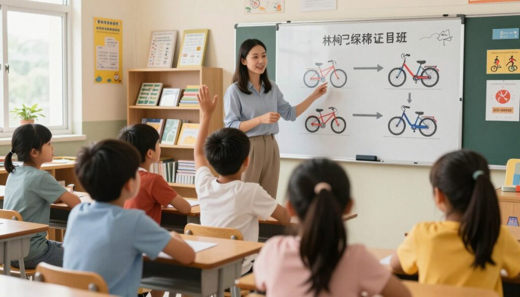 A primary school classroom scene showcasing the procedure for obtaining a bicycle license. In the foreground, a diverse group of children, dressed in modest casual clothing, are attentively engaged in a classroom setting, with one student raising a hand to ask a question. In the middle, a teacher is explaining the steps on a whiteboard, with colorful diagrams and illustrations of bicycles and safety rules. The background features shelves filled with educational materials and bright posters about road safety. Soft, natural lighting filters through large windows, creating a warm and inviting atmosphere, while the camera angle captures the interactions between students and the teacher, emphasizing a collaborative learning environment. The mood is focused and educational, encouraging positivity and engagement. A primary school classroom scene showcasing the procedure for obtaining a bicycle license. In the foreground, a diverse group of children, dressed in modest casual clothing, are attentively engaged in a classroom setting, with one student raising a hand to ask a question. In the middle, a teacher is explaining the steps on a whiteboard, with colorful diagrams and illustrations of bicycles and safety rules. The background features shelves filled with educational materials and bright posters about road safety. Soft, natural lighting filters through large windows, creating a warm and inviting atmosphere, while the camera angle captures the interactions between students and the teacher, emphasizing a collaborative learning environment. The mood is focused and educational, encouraging positivity and engagement.