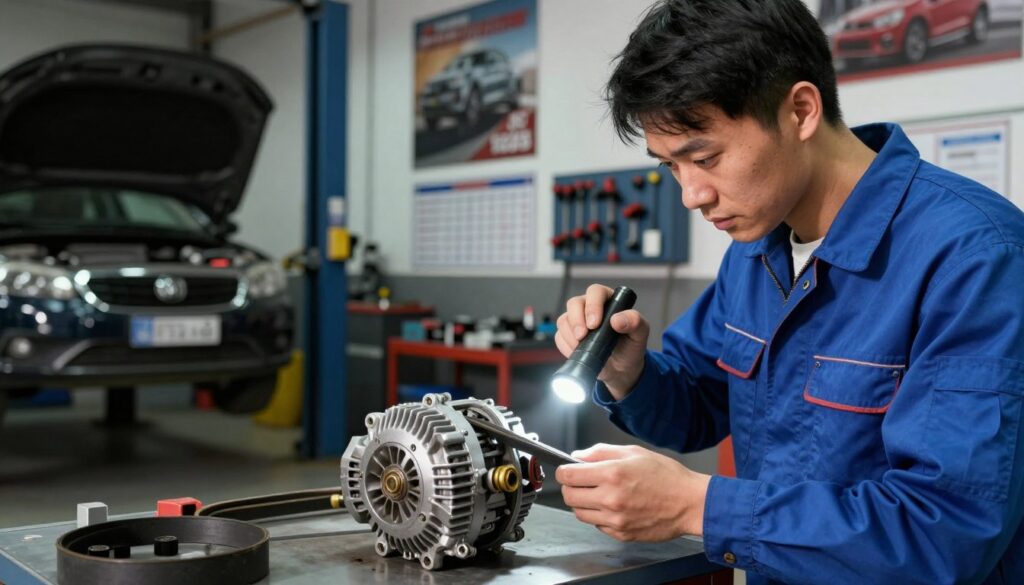 A professional automotive service center, focusing on car repair with an emphasis on alternator belt maintenance. In the foreground, a skilled mechanic in a blue uniform is inspecting an alternator belt, using a flashlight to check for wear and tear. The middle of the image showcases a well-organized workshop with tools, a car on a lift, and examination charts visible. The background includes service posters related to car maintenance and an open service bay with dimmed lighting, creating a serious yet calming atmosphere. Soft shadows and warm lighting highlight the mechanic's focused expression, conveying expertise. The overall mood is professional and informative, inviting viewers to understand the importance of timely service.