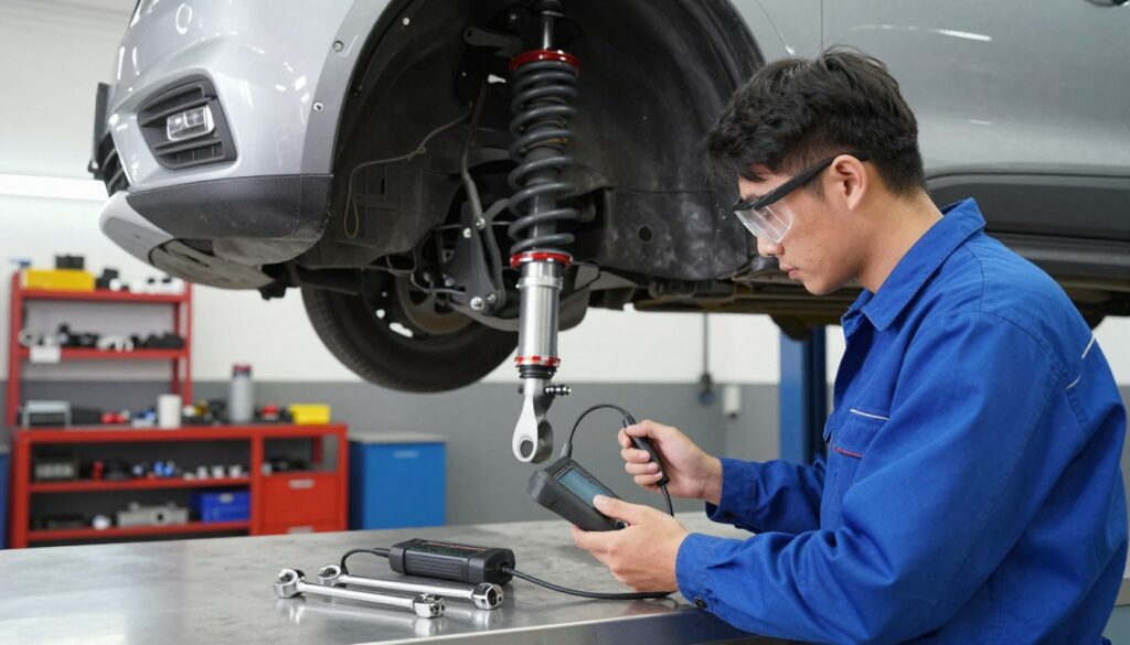 A professional automotive technician examining a car's suspension system, focusing on the shock absorbers. In the foreground, tools like a wrench and a diagnostic tool are placed neatly on a workbench. The technician, dressed in a blue coverall and safety goggles, is using a diagnostic tool to measure the shock absorbers’ performance, showing concentration. The middle ground features a lifted vehicle, providing a clear view of its suspension components, with detailed shock absorbers visible. The background includes a well-organized garage with shelves of tools and parts, illuminated by bright fluorescent lights, creating a clean and focused atmosphere. The overall mood conveys professionalism and precision in automotive diagnostics.