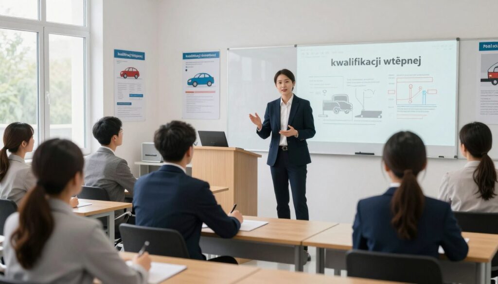 A professional instructor in a smart business suit stands at a classroom podium, engaging a group of attentive adults seated at desks, all focused on the topic of "kwalifikacji wstępnej" (initial qualification) for bus driver training. The classroom is bright and well-lit, with large windows allowing natural light to illuminate educational posters about transportation safety and regulations on the walls. In the background, a whiteboard displays charts and diagrams related to driving qualifications. The mood is serious yet encouraging, emphasizing the importance of learning and professional development. The angle captures both the instructor's enthusiastic presentation and the learners' eager expressions, creating an atmosphere of motivation and professionalism.