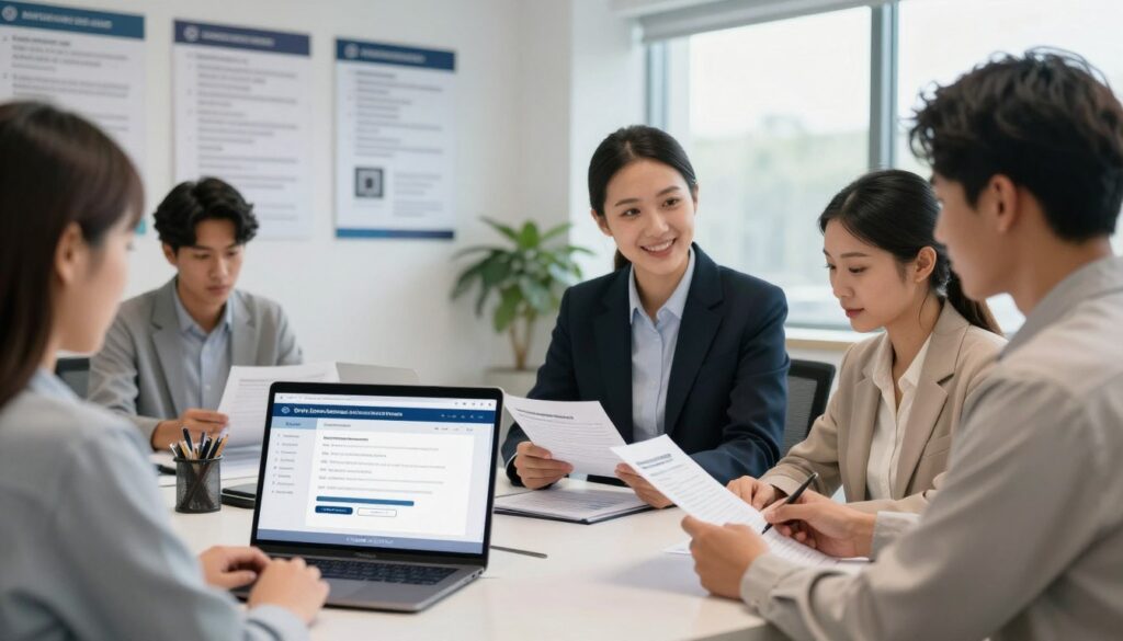 A professional interior of a modern government office focused on the online application process for a driver's license. In the foreground, a well-organized desk featuring a laptop displaying a user-friendly online application interface. The middle ground includes a friendly government employee in business attire, assisting a diverse group of applicants, who are attentively following along with printed documents. In the background, a large wall featuring informational posters about the application process and requirements. Soft, natural lighting from large windows creates a welcoming atmosphere. The overall mood is structured yet approachable, promoting efficiency and ease in navigating the online application for a driver's license. A professional interior of a modern government office focused on the online application process for a driver's license. In the foreground, a well-organized desk featuring a laptop displaying a user-friendly online application interface. The middle ground includes a friendly government employee in business attire, assisting a diverse group of applicants, who are attentively following along with printed documents. In the background, a large wall featuring informational posters about the application process and requirements. Soft, natural lighting from large windows creates a welcoming atmosphere. The overall mood is structured yet approachable, promoting efficiency and ease in navigating the online application for a driver's license.