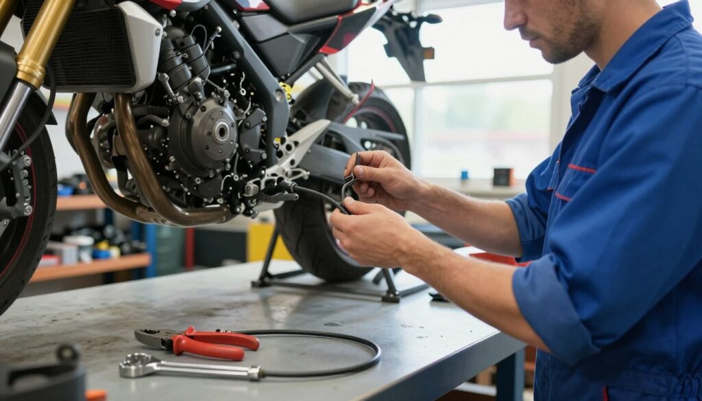 A professional mechanic in a bright, well-lit workshop, intently focused on replacing a damaged clutch cable on a motorcycle. In the foreground, tools such as pliers, wrenches, and a new clutch cable are neatly arranged on a workbench. The mechanic, wearing a blue mechanic's jumpsuit, has their sleeves rolled up, showcasing dedication and expertise. In the middle ground, the motorcycle is elevated on a lift, revealing its intricate components and the area where the clutch cable connects. The background features shelves stocked with automotive parts and tools, enhancing the workshop environment. Soft, natural light floods in from a large window, creating a focused, industrious atmosphere, conveying a sense of professionalism and precise craftsmanship. A professional mechanic in a bright, well-lit workshop, intently focused on replacing a damaged clutch cable on a motorcycle. In the foreground, tools such as pliers, wrenches, and a new clutch cable are neatly arranged on a workbench. The mechanic, wearing a blue mechanic's jumpsuit, has their sleeves rolled up, showcasing dedication and expertise. In the middle ground, the motorcycle is elevated on a lift, revealing its intricate components and the area where the clutch cable connects. The background features shelves stocked with automotive parts and tools, enhancing the workshop environment. Soft, natural light floods in from a large window, creating a focused, industrious atmosphere, conveying a sense of professionalism and precise craftsmanship.