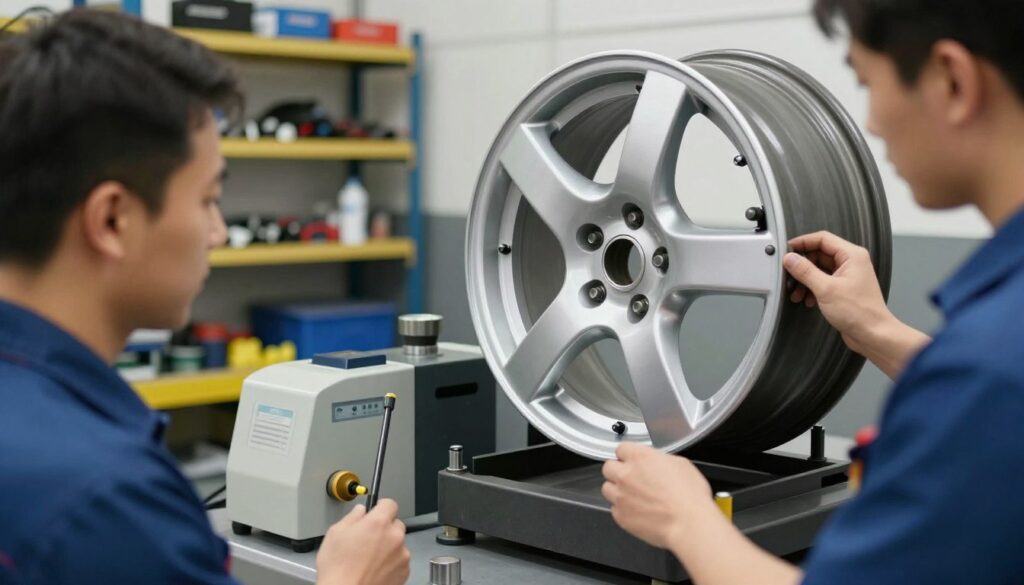 A professional mechanic in a clean, well-lit garage is using a modern wheel balancing machine to balance a car wheel. The foreground features a close-up of the technician's focused expression as they carefully adjust settings on the machine, showcasing their expertise. The middle ground displays the shiny car wheel being balanced, with detailed attention to the weights being attached to the rim. In the background, shelves filled with tools and automotive parts add depth to the scene, enhancing the industrial atmosphere. Soft lighting highlights the metallic surfaces, while a slight depth of field blurs the background slightly, emphasizing the wheel and technician's actions. The overall mood conveys professionalism and technical precision, reflecting the importance of wheel balancing in vehicle maintenance. A professional mechanic in a clean, well-lit garage is using a modern wheel balancing machine to balance a car wheel. The foreground features a close-up of the technician's focused expression as they carefully adjust settings on the machine, showcasing their expertise. The middle ground displays the shiny car wheel being balanced, with detailed attention to the weights being attached to the rim. In the background, shelves filled with tools and automotive parts add depth to the scene, enhancing the industrial atmosphere. Soft lighting highlights the metallic surfaces, while a slight depth of field blurs the background slightly, emphasizing the wheel and technician's actions. The overall mood conveys professionalism and technical precision, reflecting the importance of wheel balancing in vehicle maintenance.