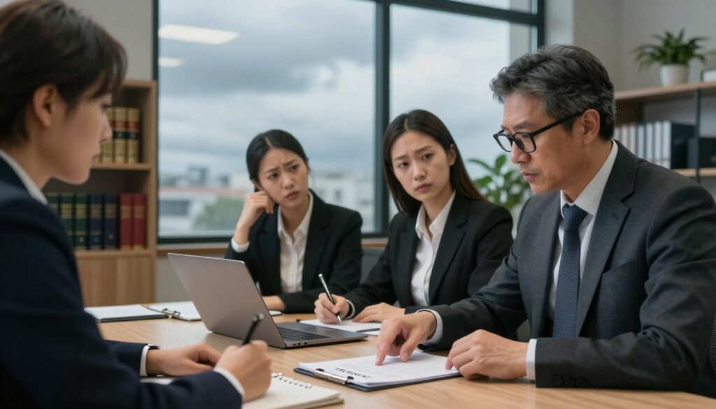 A professional office scene depicting a business meeting where a group of three individuals, dressed in formal attire, is discussing a document labeled "ITD Notice." In the foreground, one person, a middle-aged man with glasses, is pointing at the document on a conference table, while a young woman takes notes on a laptop. Another woman, looking concerned, holds a pen and appears to be asking a question. In the middle ground, a large window shows a cloudy sky, reflecting a serious mood. The background includes shelves with law books and a potted plant, adding to the professional ambiance. Soft, diffuse lighting from the window creates a calm atmosphere, enhancing the focus on the conversation. A professional office scene depicting a business meeting where a group of three individuals, dressed in formal attire, is discussing a document labeled "ITD Notice." In the foreground, one person, a middle-aged man with glasses, is pointing at the document on a conference table, while a young woman takes notes on a laptop. Another woman, looking concerned, holds a pen and appears to be asking a question. In the middle ground, a large window shows a cloudy sky, reflecting a serious mood. The background includes shelves with law books and a potted plant, adding to the professional ambiance. Soft, diffuse lighting from the window creates a calm atmosphere, enhancing the focus on the conversation.