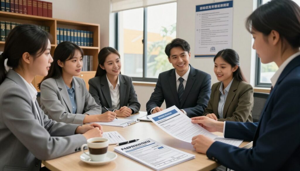 A professional office setting in a regional government building, focusing on the procedure for applying for an international driving license. In the foreground, a neatly organized table with application forms and a pen, alongside a cup of coffee. In the middle, a diverse group of people in business attire, discussing the application process with a friendly government clerk who is explaining the steps. In the background, a large window allowing warm, natural light to fill the room, with shelves containing legal books and informative posters about driving regulations. The atmosphere is calm and purposeful, capturing a sense of professionalism and community service. The perspective is slightly angled for depth, emphasizing the collaborative nature of the application process. A professional office setting in a regional government building, focusing on the procedure for applying for an international driving license. In the foreground, a neatly organized table with application forms and a pen, alongside a cup of coffee. In the middle, a diverse group of people in business attire, discussing the application process with a friendly government clerk who is explaining the steps. In the background, a large window allowing warm, natural light to fill the room, with shelves containing legal books and informative posters about driving regulations. The atmosphere is calm and purposeful, capturing a sense of professionalism and community service. The perspective is slightly angled for depth, emphasizing the collaborative nature of the application process.