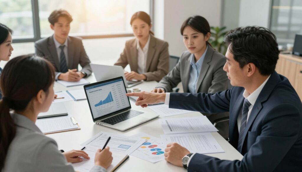 A professional office setting showing a diverse group of individuals engaged in a discussion about road tax laws. In the foreground, a middle-aged man in a formal suit points at a chart illustrating tax differences, while a young woman in business attire takes notes. In the middle, a large table is cluttered with documents and a laptop displaying graphs related to property and road taxes. In the background, a large window lets in natural light, casting a warm glow over the room, creating an atmosphere of focused collaboration. The mood is serious yet optimistic, highlighting the importance of understanding taxation differences. The image should use a high-angle perspective to capture the collaboration and engagement among the individuals. A professional office setting showing a diverse group of individuals engaged in a discussion about road tax laws. In the foreground, a middle-aged man in a formal suit points at a chart illustrating tax differences, while a young woman in business attire takes notes. In the middle, a large table is cluttered with documents and a laptop displaying graphs related to property and road taxes. In the background, a large window lets in natural light, casting a warm glow over the room, creating an atmosphere of focused collaboration. The mood is serious yet optimistic, highlighting the importance of understanding taxation differences. The image should use a high-angle perspective to capture the collaboration and engagement among the individuals.