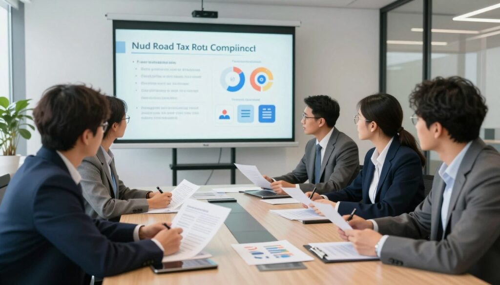 A professional setting depicting a meeting about internal road tax compliance. In the foreground, a diverse group of individuals dressed in smart business attire are engaging in discussion around a large conference table, looking at documents and charts related to road tax obligations. The middle ground features a projection screen displaying a visual presentation about internal road tax rates and responsibilities, with graphs and icons symbolizing different stakeholders. In the background, a modern office space with large windows allowing natural light to flood in, creating a motivating atmosphere. The lighting is bright yet soft, enhancing a serious but collaborative mood. The angle is slightly elevated to capture the entire scene, focused on the interactions among the participants. A professional setting depicting a meeting about internal road tax compliance. In the foreground, a diverse group of individuals dressed in smart business attire are engaging in discussion around a large conference table, looking at documents and charts related to road tax obligations. The middle ground features a projection screen displaying a visual presentation about internal road tax rates and responsibilities, with graphs and icons symbolizing different stakeholders. In the background, a modern office space with large windows allowing natural light to flood in, creating a motivating atmosphere. The lighting is bright yet soft, enhancing a serious but collaborative mood. The angle is slightly elevated to capture the entire scene, focused on the interactions among the participants.