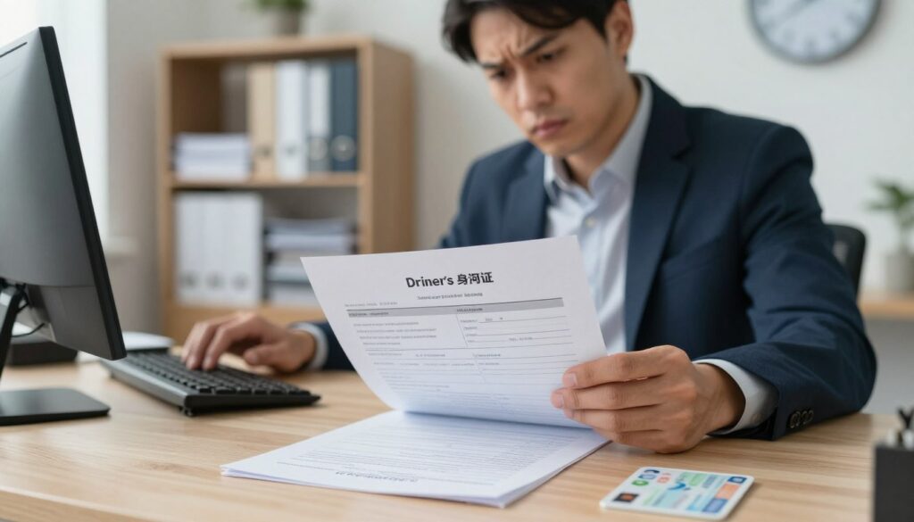 A professional setting depicting a person at a desk with a concerned expression, reviewing documents related to the loss of their driver's license. In the foreground, a close-up of an official form and an identification card on the desk. In the middle ground, the individual, dressed in smart casual attire, is using a computer to search for information on replacing a lost license. The background features a softly lit office space, with shelves of neatly organized paperwork and a clock showing the time. The mood is focused and slightly tense, conveying the seriousness of the situation. Natural lighting enhances the atmosphere, with a shallow depth of field to keep attention on the foreground elements. A professional setting depicting a person at a desk with a concerned expression, reviewing documents related to the loss of their driver's license. In the foreground, a close-up of an official form and an identification card on the desk. In the middle ground, the individual, dressed in smart casual attire, is using a computer to search for information on replacing a lost license. The background features a softly lit office space, with shelves of neatly organized paperwork and a clock showing the time. The mood is focused and slightly tense, conveying the seriousness of the situation. Natural lighting enhances the atmosphere, with a shallow depth of field to keep attention on the foreground elements.