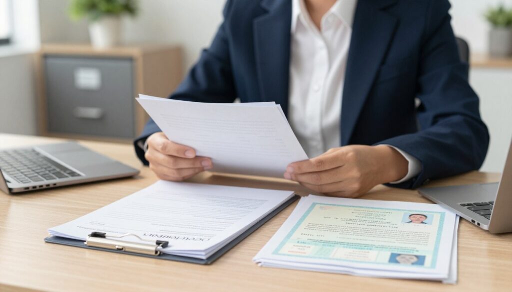 A professional setting depicting a well-organized desk where a person is preparing to submit documents for a driver's license exchange post-marriage. In the foreground, a neatly arranged stack of necessary paperwork including a filled application form, a marriage certificate, and identification documents. In the middle ground, a focused individual dressed in smart business attire, reviewing the papers with a thoughtful expression. The background features a soft-focus office environment, with a filing cabinet and a potted plant adding a touch of warmth. The lighting is bright and natural, suggesting a sunny day, creating an atmosphere of clarity and purpose. The composition is captured with a slight depth of field for emphasis on the foreground elements. A professional setting depicting a well-organized desk where a person is preparing to submit documents for a driver's license exchange post-marriage. In the foreground, a neatly arranged stack of necessary paperwork including a filled application form, a marriage certificate, and identification documents. In the middle ground, a focused individual dressed in smart business attire, reviewing the papers with a thoughtful expression. The background features a soft-focus office environment, with a filing cabinet and a potted plant adding a touch of warmth. The lighting is bright and natural, suggesting a sunny day, creating an atmosphere of clarity and purpose. The composition is captured with a slight depth of field for emphasis on the foreground elements.