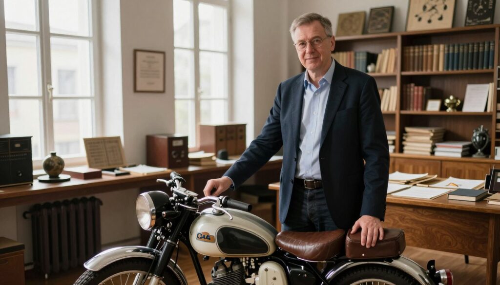 A professional wojewódzki konserwator zabytków, a historic preservation officer, stands confidently in an office filled with documents and artifacts. In the foreground, he inspects a vintage motorcycle, a symbol of cultural heritage, with detailed features highlighting its classic design. In the middle ground, shelves lined with books and vintage items reflect the importance of preservation. The background features large windows letting in soft, natural light, casting gentle shadows across the room, creating a warm and professional atmosphere. The subject is wearing smart casual attire, portraying expertise and authority. The angle is slightly elevated to emphasize the interaction between the conservator and the motorcycle, capturing the essence of his pivotal role in heritage conservation.