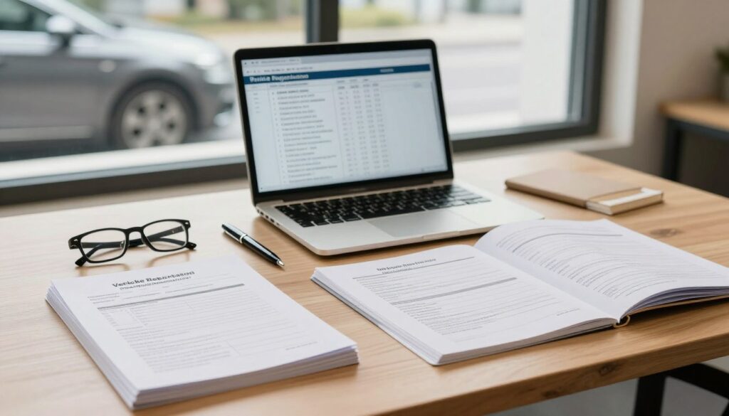 A professional workspace featuring a neatly arranged table with important documents relevant to vehicle documentation. In the foreground, focus on a well-organized stack of vehicle registration papers, inspection reports, and service history, all neatly labeled. A pair of reading glasses and a pen lie beside them, enhancing the scene's professionalism. In the middle, a laptop displays a digital checklist for preparing vehicle documentation, while an open binder showcases forms filled out completely. In the background, a softly blurred image of a parked car through a large window hints at the vehicle being discussed. The lighting is warm and inviting, creating a sense of thoroughness and trustworthiness, with a slight lens vignette emphasizing the focal area. The overall mood is organized and ready for action, perfect for a segment about enhancing vehicle sale appeal.