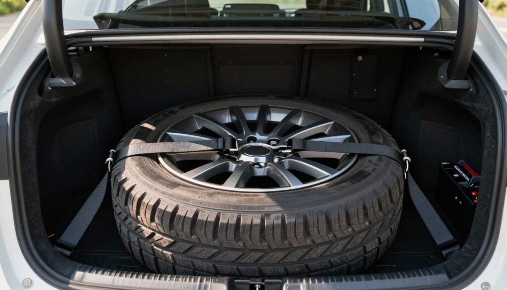 A rear view of a neatly organized car trunk showcasing a spare wheel securely fastened with durable transport straps. The foreground features the spare wheel, a modern design with deep treads, centered and clearly visible. The middle ground shows the straps tightly securing the wheel to prevent movement, with the trunk's interior lighting casting soft shadows that enhance textures. The background includes a glimpse of the trunk's interior, with practical storage solutions and tools arranged neatly, emphasizing a tidy appearance. The lighting is bright and natural, creating a sense of order and safety. The atmosphere is practical and instructional, targeting vehicle owners wanting effective storage solutions for road trips.