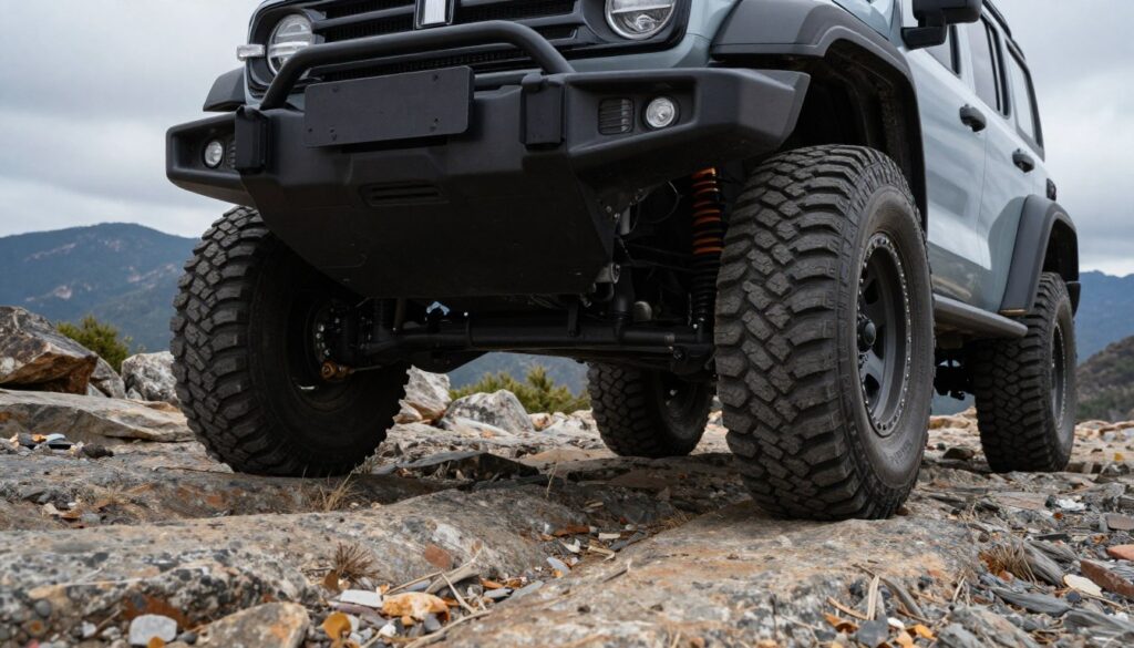 A rugged off-road vehicle with a high ground clearance parked on a rocky terrain, showcasing its impressive "prześwit" or ground clearance. In the foreground, capture the vehicle’s robust tires and undercarriage, highlighting its technical features designed for off-road capabilities. In the middle ground, display a rugged landscape with uneven rocks and sparse vegetation under an overcast sky, which casts natural diffused lighting on the scene. The background features a distant mountain range under a moody sky, enhancing the adventurous atmosphere. The overall image conveys strength and adventure, illustrating the technical aspects of vehicles with substantial ground clearance. Keep the focus sharp, using a wide-angle lens to capture the vehicle and the challenging terrain together.