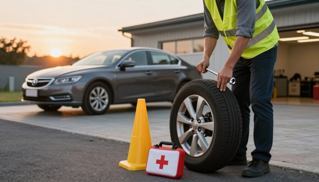A safe roadside and garage scene illustrating the importance of wheel changing safety. In the foreground, a well-dressed individual in a reflective safety vest is carefully removing a tire using a lug wrench, showcasing proper technique. Nearby, a yellow safety cone and a first aid kit are prominently displayed, emphasizing caution. In the middle ground, a clearly parked sedan on a flat, clear surface stands next to a well-lit garage. The background features a sunset sky, casting warm golden light over the scene, enhancing the atmosphere of safety and preparedness. The image has balanced lighting with a focus on the subjects, captured at eye level for a relatable perspective. A safe roadside and garage scene illustrating the importance of wheel changing safety. In the foreground, a well-dressed individual in a reflective safety vest is carefully removing a tire using a lug wrench, showcasing proper technique. Nearby, a yellow safety cone and a first aid kit are prominently displayed, emphasizing caution. In the middle ground, a clearly parked sedan on a flat, clear surface stands next to a well-lit garage. The background features a sunset sky, casting warm golden light over the scene, enhancing the atmosphere of safety and preparedness. The image has balanced lighting with a focus on the subjects, captured at eye level for a relatable perspective.