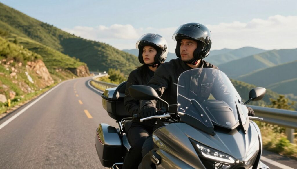A scenic motorcycle travel setup featuring a couple, both dressed in professional motorcycle gear with helmets, sitting on a touring motorcycle equipped with a windscreen for wind protection. In the foreground, detail the motorcycle's sleek design and shiny chrome accents, emphasizing the windscreen's clarity. In the middle ground, showcase a winding scenic road flanked by lush green hills and a clear blue sky, hinting at adventure. The background reveals distant mountains under soft sunlight, creating a warm and inviting atmosphere. Capture the image from a slightly elevated angle to enhance the sense of journey and exploration, with warm lighting that adds a cozy, adventurous mood to the scene. A scenic motorcycle travel setup featuring a couple, both dressed in professional motorcycle gear with helmets, sitting on a touring motorcycle equipped with a windscreen for wind protection. In the foreground, detail the motorcycle's sleek design and shiny chrome accents, emphasizing the windscreen's clarity. In the middle ground, showcase a winding scenic road flanked by lush green hills and a clear blue sky, hinting at adventure. The background reveals distant mountains under soft sunlight, creating a warm and inviting atmosphere. Capture the image from a slightly elevated angle to enhance the sense of journey and exploration, with warm lighting that adds a cozy, adventurous mood to the scene.