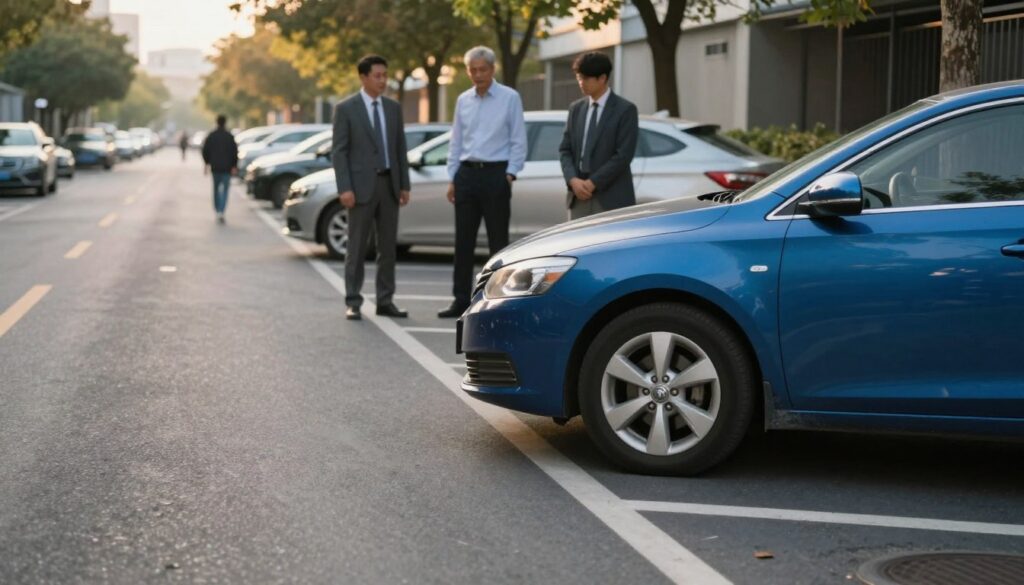 A scenic urban street scene showcasing a car parallel parking head-on in a designated parking space. In the foreground, a blue sedan is carefully maneuvering to fit into the spot, with its front bumper slightly angled towards the curb. The middle ground features a few pedestrians observing attentively, dressed in professional business attire, adding a sense of realism. In the background, other parked cars line the street, under the glow of soft, late afternoon sunlight filtering through the trees, casting gentle shadows. The camera angle captures the action from a low perspective, emphasizing the technique of head-on parking while providing a calm and focused atmosphere, illustrating the concept of stress-free parallel parking. No text, logos, or watermarks present. A scenic urban street scene showcasing a car parallel parking head-on in a designated parking space. In the foreground, a blue sedan is carefully maneuvering to fit into the spot, with its front bumper slightly angled towards the curb. The middle ground features a few pedestrians observing attentively, dressed in professional business attire, adding a sense of realism. In the background, other parked cars line the street, under the glow of soft, late afternoon sunlight filtering through the trees, casting gentle shadows. The camera angle captures the action from a low perspective, emphasizing the technique of head-on parking while providing a calm and focused atmosphere, illustrating the concept of stress-free parallel parking. No text, logos, or watermarks present.