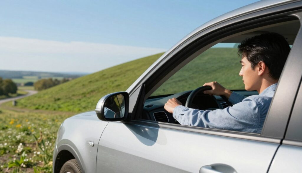 A scenic view depicting a car positioned on a gentle incline, showcasing a practical driving scenario. In the foreground, a focused driver, dressed in smart casual attire, is visibly engaged in adjusting the mirrors and preparing to start the vehicle. The middle ground features a picturesque green hill ascending into a clear blue sky, while the background captures a serene landscape with trees and a distant road. The lighting is bright and natural, suggesting a sunny afternoon, highlighting the driver's concentration and the vehicle's details. The atmosphere conveys a sense of calm and determination, emphasizing the importance of mastering starting on an incline successfully. A scenic view depicting a car positioned on a gentle incline, showcasing a practical driving scenario. In the foreground, a focused driver, dressed in smart casual attire, is visibly engaged in adjusting the mirrors and preparing to start the vehicle. The middle ground features a picturesque green hill ascending into a clear blue sky, while the background captures a serene landscape with trees and a distant road. The lighting is bright and natural, suggesting a sunny afternoon, highlighting the driver's concentration and the vehicle's details. The atmosphere conveys a sense of calm and determination, emphasizing the importance of mastering starting on an incline successfully.